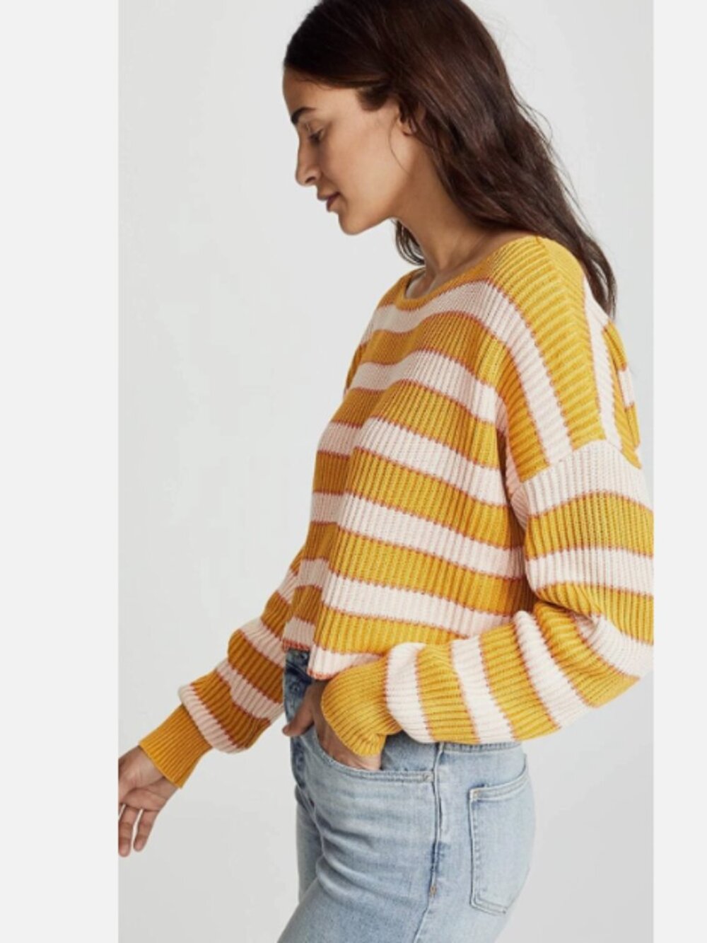 Free People Just my stripe mustard yellow pullover sweater VGUC size S - Picture 4 of 10
